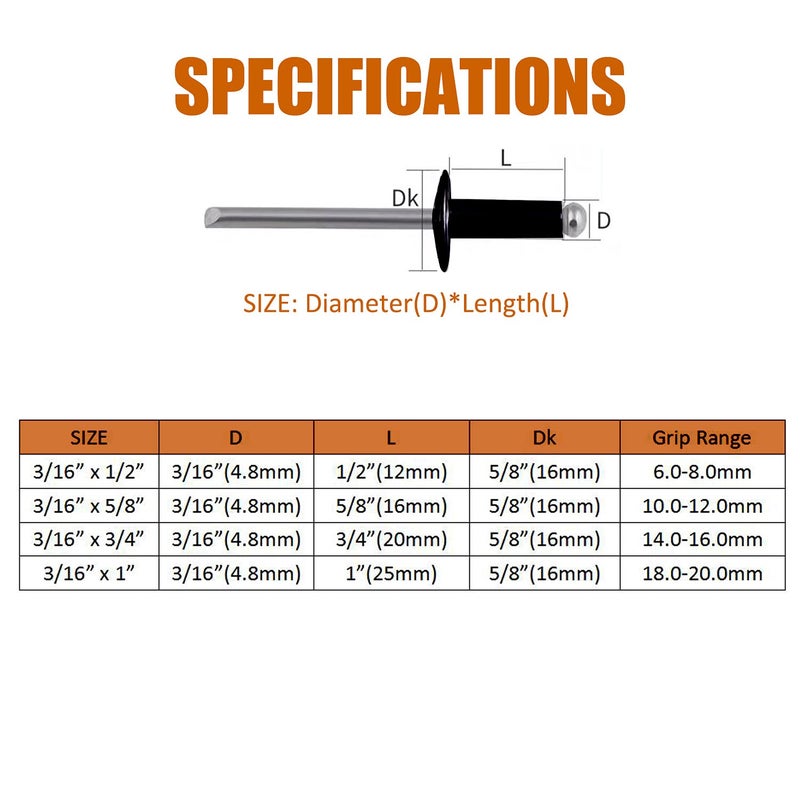 ISPINNER 50 قطعة 3/16 بوصة × 1/2 بوصة مسامير عمياء كبيرة من الألومنيوم، 4.8 × 12 مم مسامير برشام (أسود) - Image 3